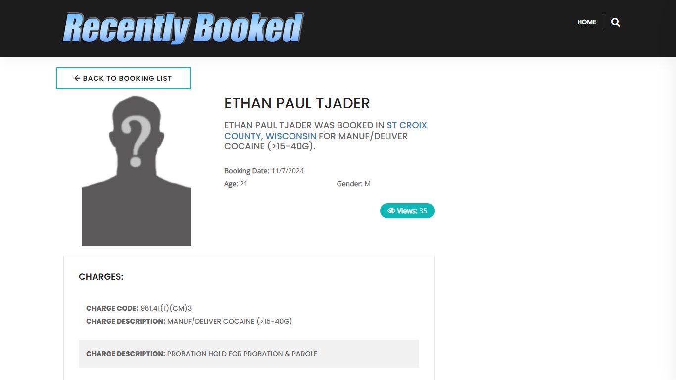 Recent Booking / Mugshot for ETHAN PAUL TJADER in St Croix County ...